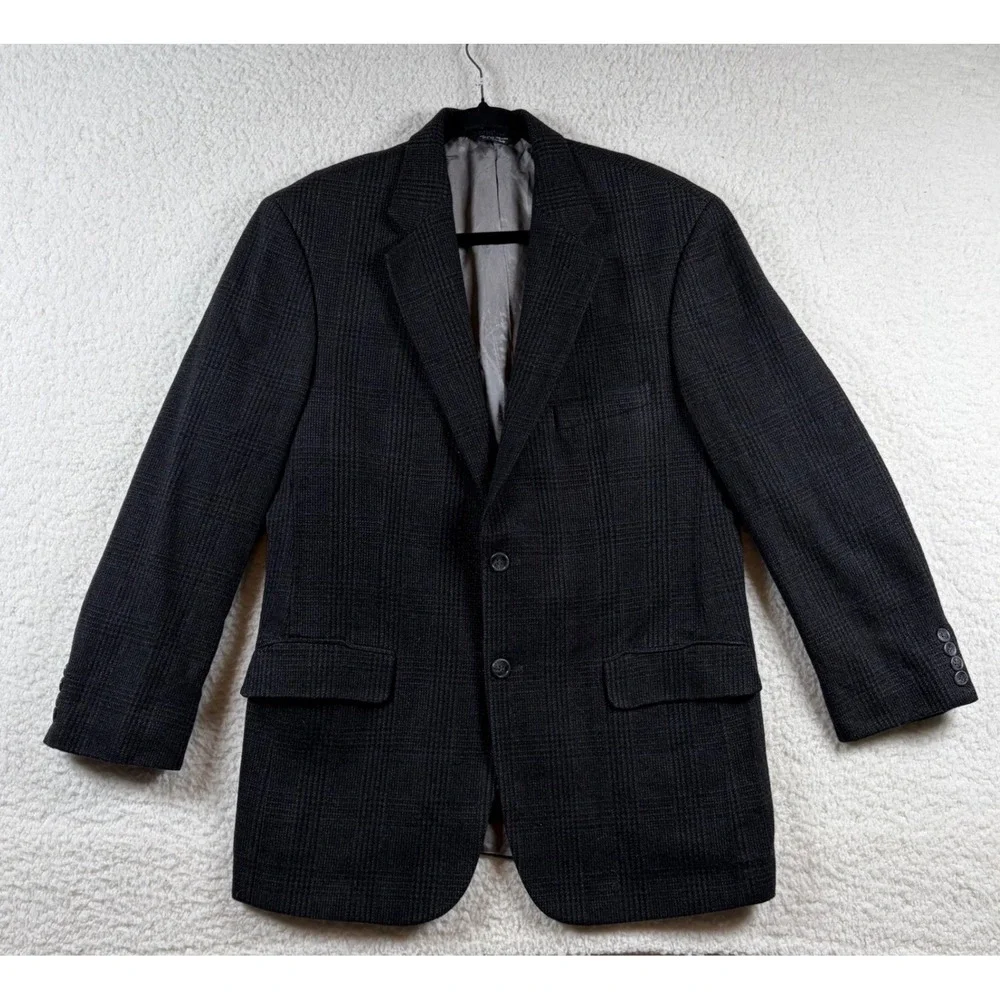 Orvis Plaid Blazer Sport Coat Mens 40R Charcoal Gray 2 Button Wool Dark Academia